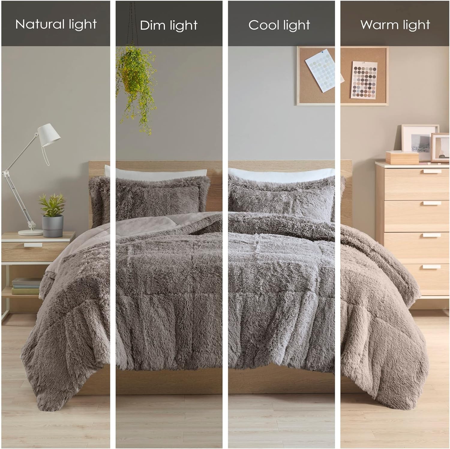 Malea Shaggy Comforter Set, Long Faux Fur Cozy down Alternative, Modern Casual Ultra Soft All Season Fluffy Bedding with Matching Sham, King/Cal King, Grey 3 Piece