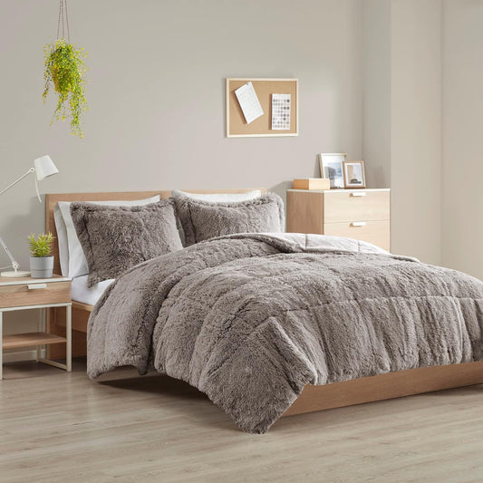 Malea Shaggy Comforter Set, Long Faux Fur Cozy down Alternative, Modern Casual Ultra Soft All Season Fluffy Bedding with Matching Sham, King/Cal King, Grey 3 Piece